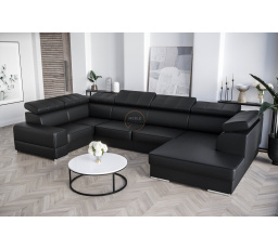 Rohová Kožená sedacia súprava s funkciou spania ROYAL MAX I 210x375x185 - Ľavá strana, čierna koža