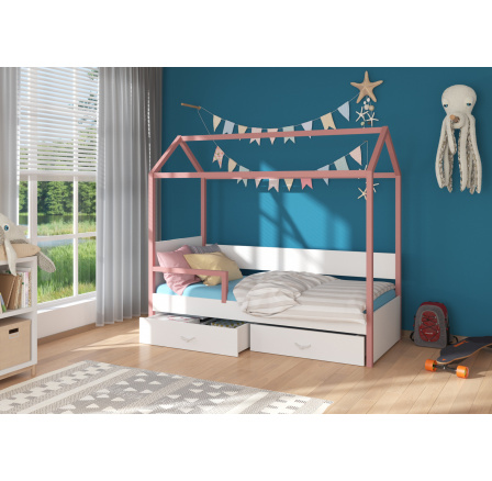 Domčeková posteľ so zábranou a matracom OTELLO 200x90 Pink+White