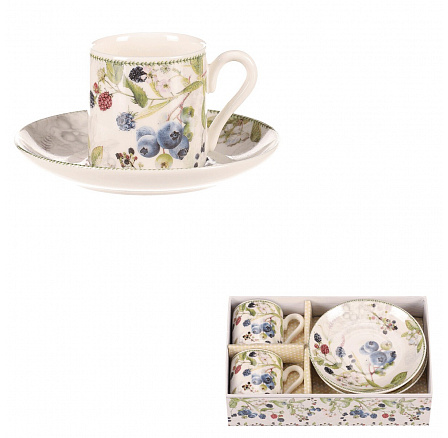 Hrneček s podšálky po 2 kusech - dárkový set, porcelán, bílý s lesními plody