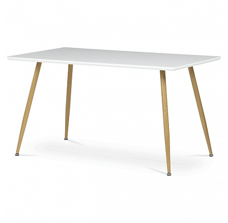 Stôl jedálenský 140x80, MDF, biela matná doska, kovové nohy vo farbe duba.