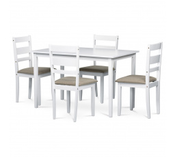 Jedálenský set 1+4, stôl 120x75x75 cm, MDF, dyha, masívne nohy, biely mat, sivé látkové sedadlá