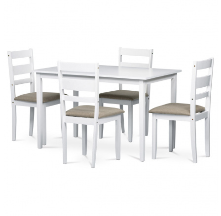 Jedálenský set 1+4, stôl 120x75x75 cm, MDF, dyha, masívne nohy, biely mat, sivé látkové sedadlá
