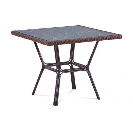 Záhradný stôl, sklo, hnedý umelý ratan, kov, hnedočierny lak