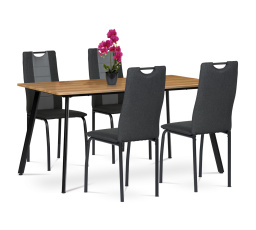 Jedálenský set 1+4, stôl 150x80 cm, MDF, dekor dub medový, kov - čierny lak, poťah stoličiek sivočierna látka a sivá ekokoža, kov