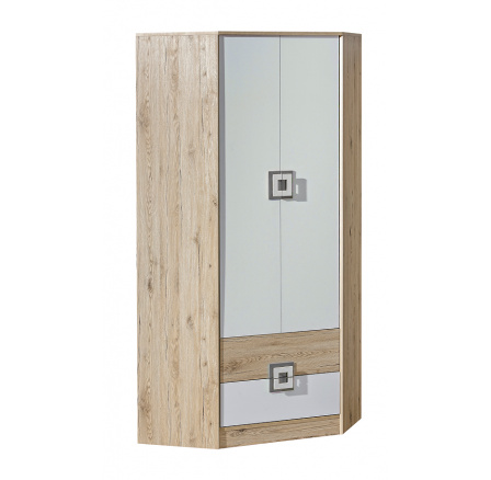 Rohová šatní skriňa NICO 02, Svetlý Dub/Biela/Sivá