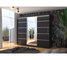 Šatní skriňa s posuvnými dverami, zrkadlom a LED osvetlením SALTO 250 Čierna+Čierna