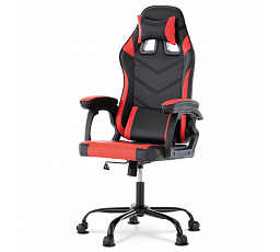 Herné kreslo, červená a čierna ekokoža, hojdací mech., operadlo 135°