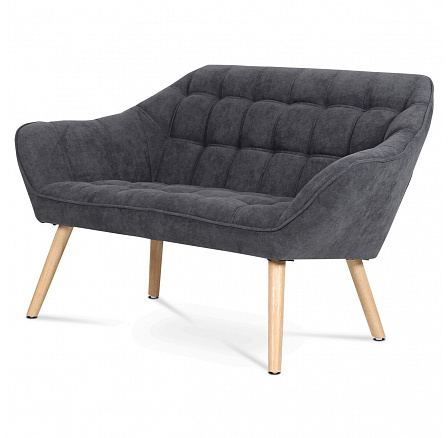 Dvojsedák, tmavosivé látkové čalúnenie, drevené nohy, masívne kaučukové drevo, prírodný odtieň a lak