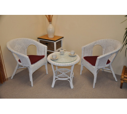 Ratanová pohovka Fabion biela s bordovými vankúšikmi