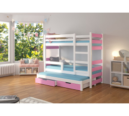 Trojlôžková poschodová posteľ s matracmi KARLO White+Pink