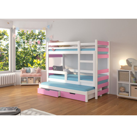Trojposchodová posteľ s matracom KARLO White+Pink