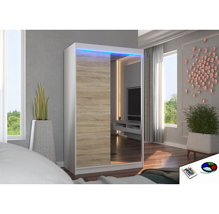 Posuvná skriňa so zrkadlom a LED osvetlením REWENA 120 Biela+Sonoma Posuvná skriňa so zrkadlom a LED osvetlením REWENA 120 Biela+Sonoma