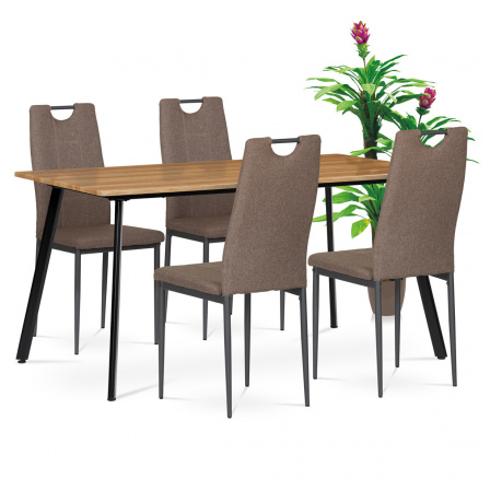 Jedálenský set 1+4, stôl 150x80 cm, MDF, dekor medový dub, kov - čierny lak, poťah stoličiek hnedá látka, kov - antracitový lak