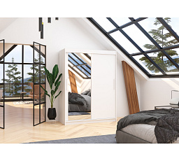 Šatní skriňa s posuvnými dverami a zrkadlom BIANCO 150 Biela+Biela