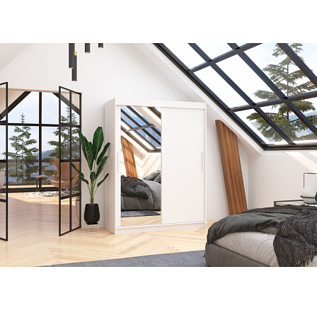 Šatní skriňa s posuvnými dverami a zrkadlom BIANCO 150 Biela+Biela