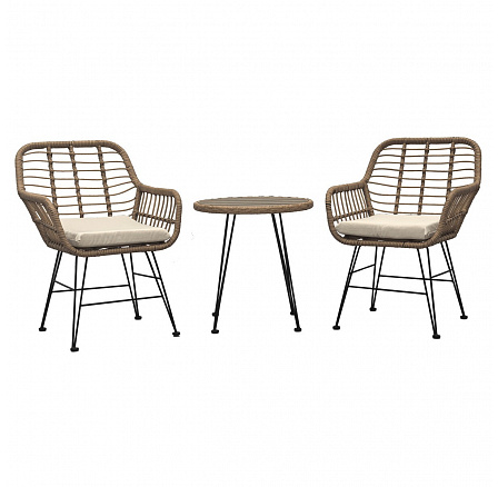 Relaxačný set stôl + 2 stoličky, kov, umelý ratan, látka béžová, doska stolíka polywood Relaxačný set stôl + 2 stoličky, kov, umelý ratan, látka béžová, doska stolíka polywood