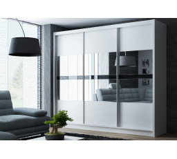 Šatníková skriňa BATUMI 250, biela/grafitové zrkadlo/čierne sklo