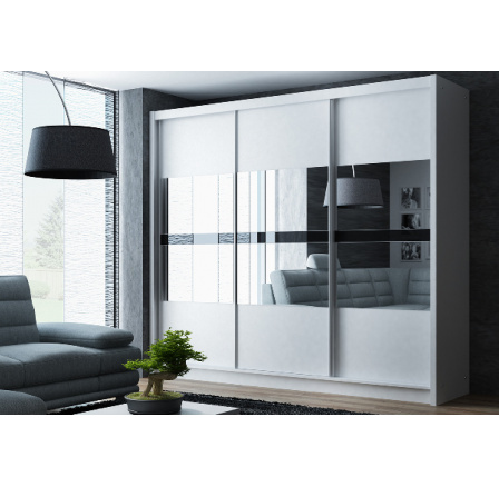 Šatníková skriňa BATUMI 250, biela/grafitové zrkadlo/čierne sklo