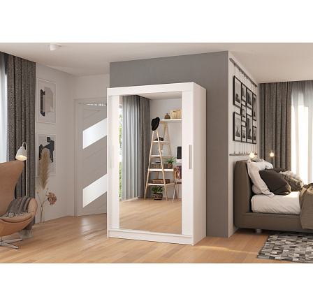 Šatní skriňa s posuvnými dverami a zrkadlom TIBAGO 120 Biela+Biela