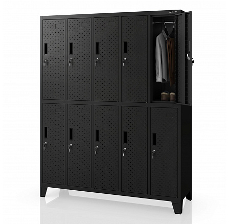 Šatníková skriňa BHP, priehradková, perforovaná, 10 priehradiek, čierna, 1360x1720x450 mm: BARTEK PRO Šatníková skriňa BHP, priehradková, perforovaná, 10 priehradiek, čierna, 1360x1720x450 mm: BARTEK PRO