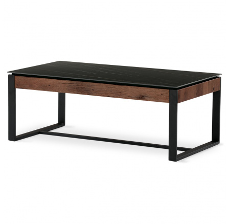 Konferenčný stolík, spekaná keramická doska 120x60, čierny mramor, čierne kovové nohy, tmavohnedá dyha