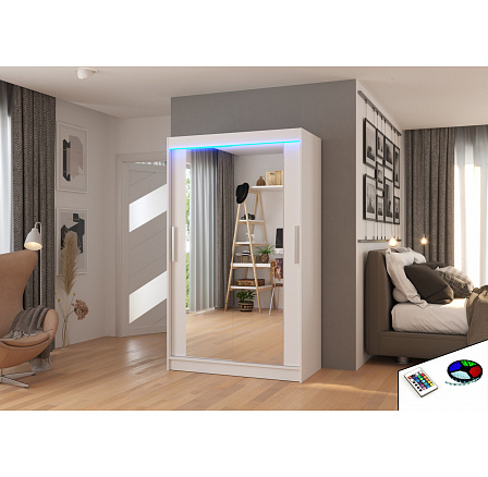 Posuvná skriňa so zrkadlom a LED osvetlením TIBAGO 120 Biela+Biela Posuvná skriňa so zrkadlom a LED osvetlením TIBAGO 120 Biela+Biela