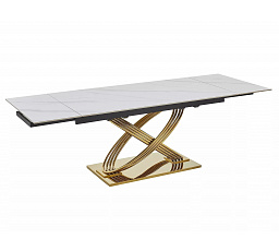 Jedálenský stôl HERMES II 160(240)x90cm, Efekt bieleho mramoru/Zlatá
