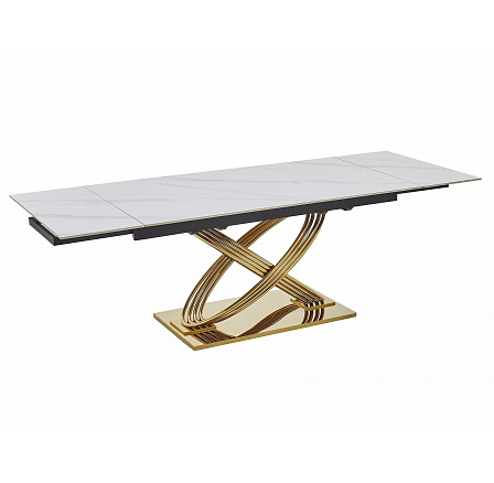 Jedálenský stôl HERMES II 160(240)x90cm, Efekt bieleho mramoru/Zlatá