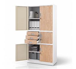Kancelárska kovová skriňa s trezorom biela / dub sonoma: Eco Design FILIK II, 900 x 1850 x 400 mm