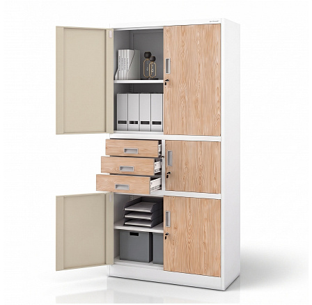 Kancelárska kovová skriňa s trezorom biela / dub sonoma: Eco Design FILIK II, 900 x 1850 x 400 mm