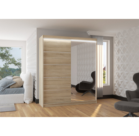 Posuvná skriňa so zrkadlom a LED osvetlením CARO 180 Sonoma+Sonoma Posuvná skriňa so zrkadlom a LED osvetlením CARO 180 Sonoma+Sonoma
