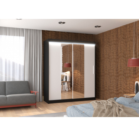 Posuvná skriňa so zrkadlom a LED osvetlením DALLAS 180 Čierna+Biela