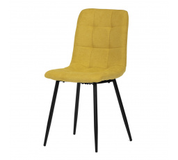 Jedálenská stolička, žlté látkové čalúnenie, kovová štvornohá podnož, čierna podložka
