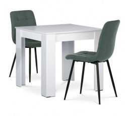 Jedálenský set 1+2, stôl 80x80 cm, biela MDF, stoličky zelená látka, čierny lak
