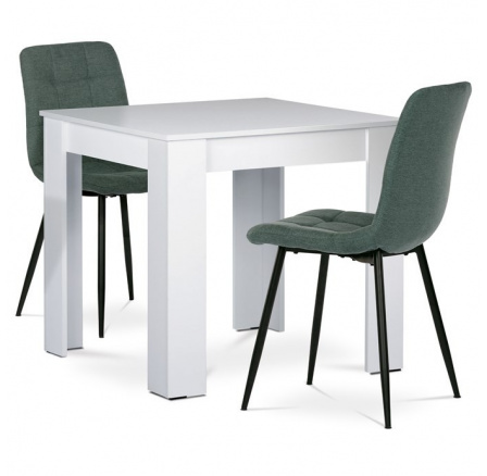 Jedálenský set 1+2, stôl 80x80 cm, biela MDF, stoličky zelená látka, čierny lak