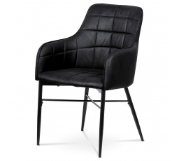 Jedálenská stolička, čierne látkové čalúnenie vo vintage koži, kovová štvornohá podnož,