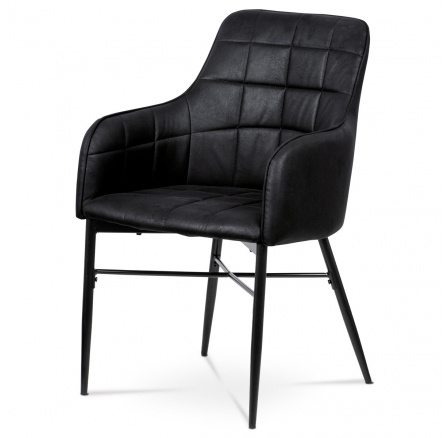Jedálenská stolička, čierne látkové čalúnenie vo vintage koži, kovová štvornohá podnož,