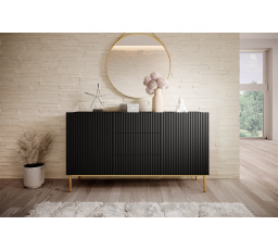 Komoda Nicole 150 cm s tromi zásuvkami - matná čierna / zlaté nohy