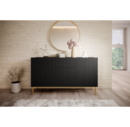 Komoda Nicole 150 cm s tromi zásuvkami - matná čierna / zlaté nohy
