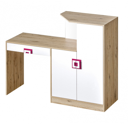 Písací stôl s komodou NICO 11, Svetlý Dub/Biela/Ružová