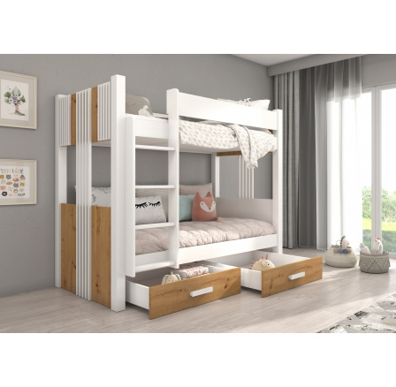 Dvojlôžková poschodová posteľ s matracmi ARTA 180x80 Biela+Artisan Dvojlôžková poschodová posteľ s matracmi ARTA 180x80 Biela+Artisan
