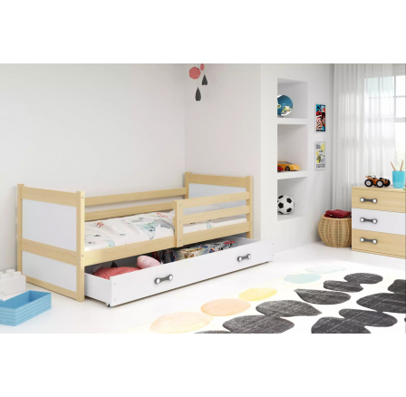 Detská posteľ RICO 90x200 cm so zásuvkou, s matracom, Prírodná/Biela Detská posteľ RICO 90x200 cm so zásuvkou, s matracom, Prírodná/Biela