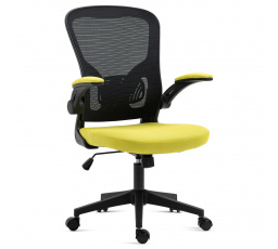 Kancelárska stolička, čierny plast, žltá látka, sklopné podrúčky, kolieska na tvrdé podlahy