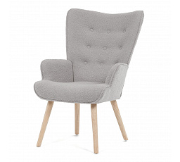 Kreslo "uško", sivé látkové čalúnenie bouclé, nohy z masívneho kaučukového dreva