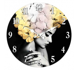 Hodiny nástěnné - pr. 34 cm, MDF, žena s chryzantémami