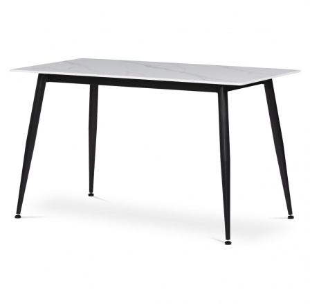 Jedálenský stôl 130x70x76 cm, doska zo spekaného kameňa v imitácii matného mramoru, čierne kovové nohy