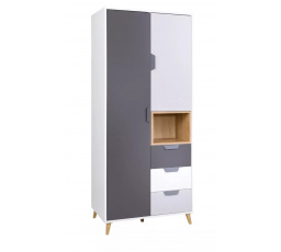 Šatní skriňa POKER R2, Biela/Grafit/Dub lefkas/Sivá