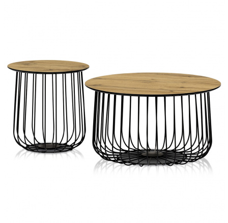 Sada 2 stolov, pr.60x34, priemer.37x37 cm, MDF doska, 3D dekor divoký dub, kovový drôtený podstavec, čierna podložka