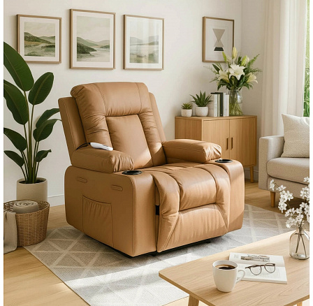 Masážne kreslo BOX Rozkladacie s podnožkou Karamelová Ekokoža