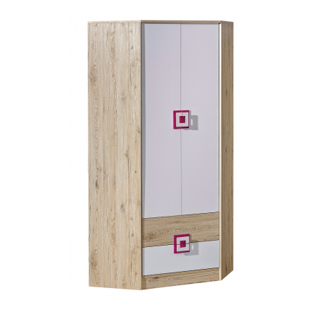 Rohová šatní skriňa NICO 02, Svetlý Dub/Biela/Ružová
